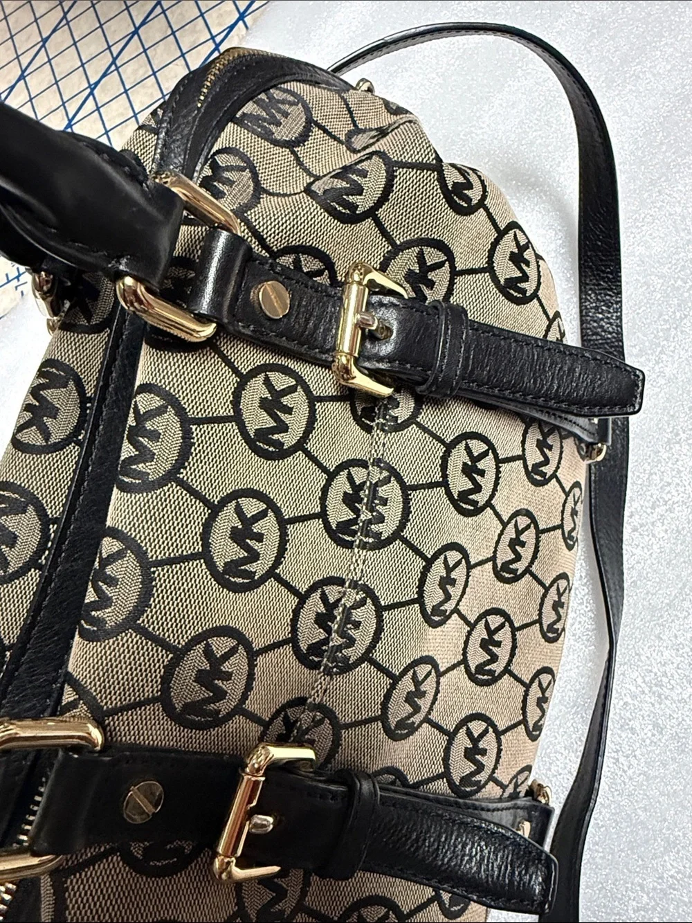 Michael Kors Signature Logo Satchel Crossbody Bag – Beige/Black Jacquard